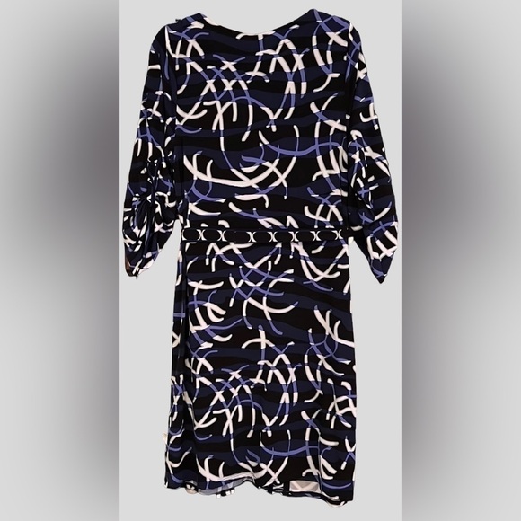 AXCESS Black/Blue/Gray/White Design Deep V-Neck Dress w/Tie Belt, Sz Large, EUC. - Picture 10 of 10